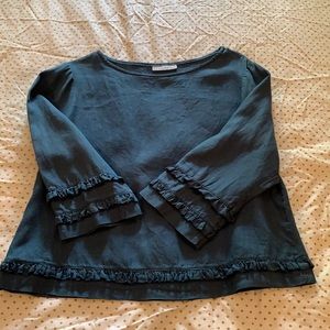 Bryn Walker Linen Top ruffled size Small dk Teal.